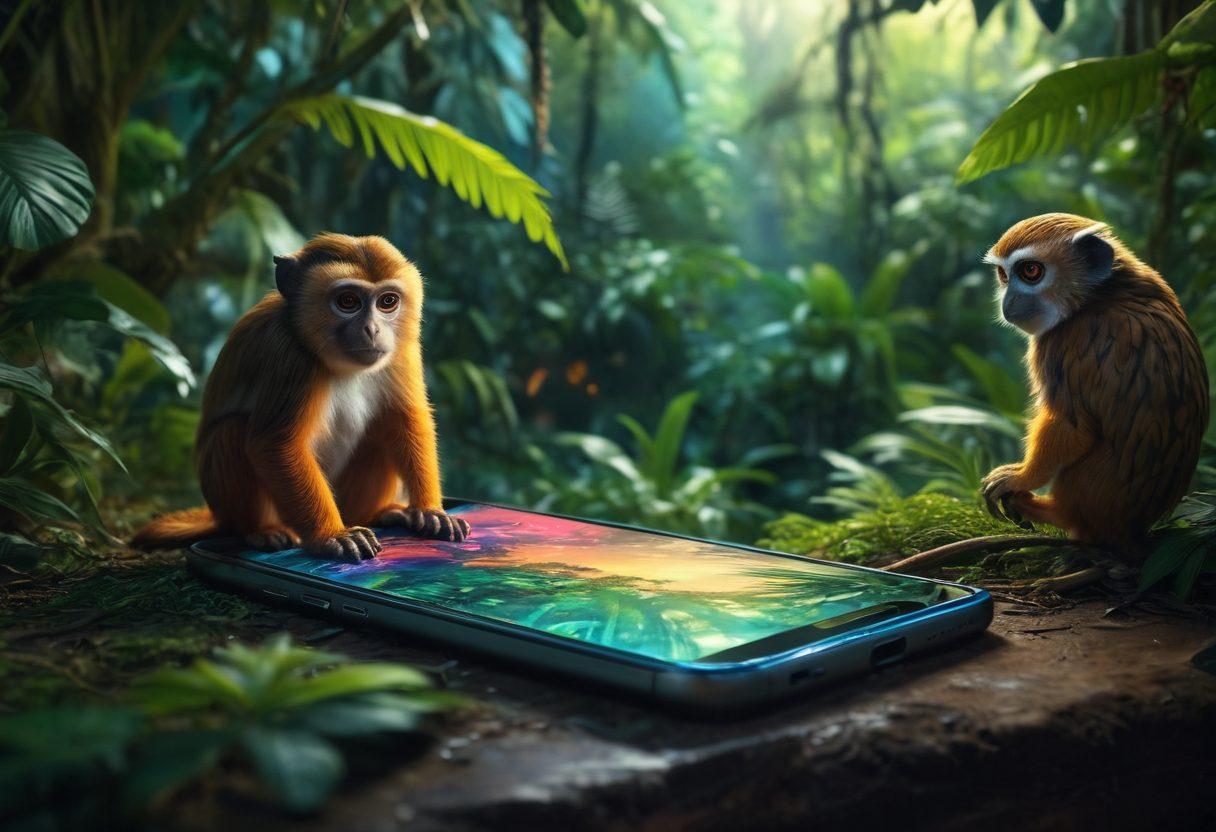 A vibrant jungle scene representing the adult media landscape, with various playful animals symbolizing different aspects of online sex entertainment. Include hidden trails that represent navigation through the complex online world, and bright colors to attract attention. Add elements like a computer or smartphone subtly integrated into the foliage to signify digital content. The overall vibe should be both intriguing and inviting, encouraging exploration. super-realistic. vibrant colors. natural background.