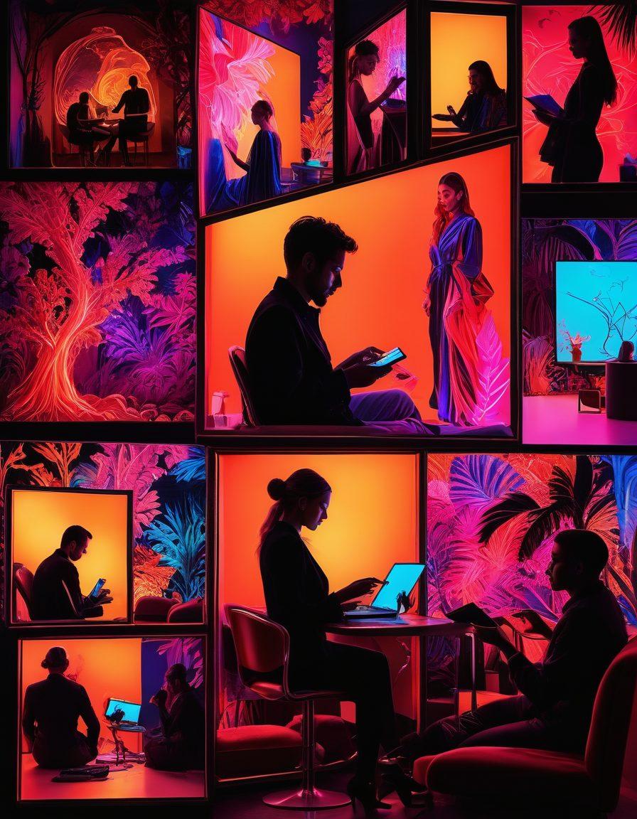 A captivating collage featuring various elements of adult entertainment, such as abstract silhouettes of people engaged in various activities, vibrant neon lights, and modern digital devices showcasing different forms of media. The background incorporates subtle textures of velvet and satin for a luxurious feel. Emphasize a playful yet sophisticated atmosphere, inviting readers to explore while maintaining a sense of intrigue. vibrant colors. modern digital art. high contrast.